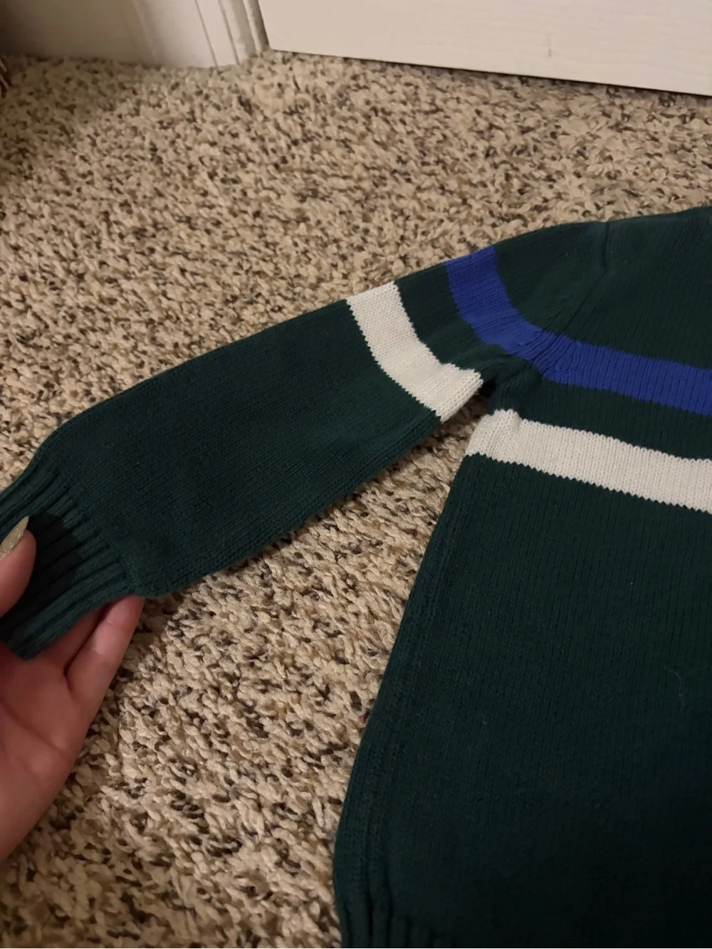 Children’s Classic Green Crewneck Sweater with Blue and White Stripes